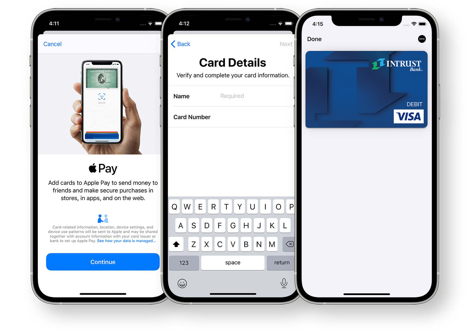 A set of three iPhones showing the steps to add an INTRUST Bank debit card to Apple Pay.