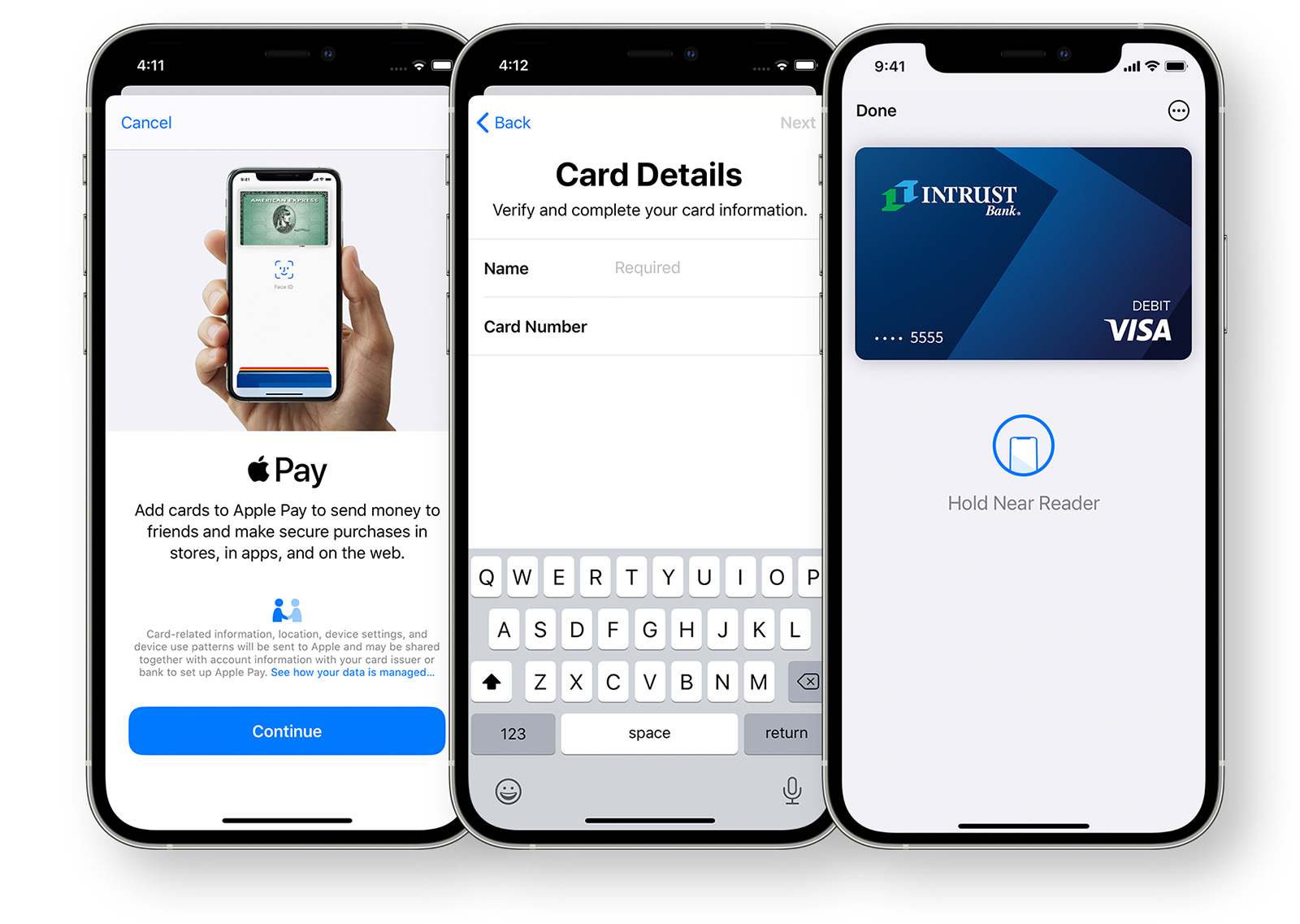 A set of three iPhones showing the steps to add an INTRUST Bank debit card to Apple Pay.