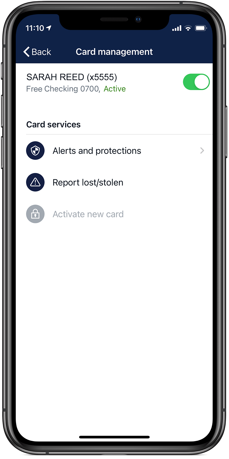 screenshot of card controls in mobile banking app