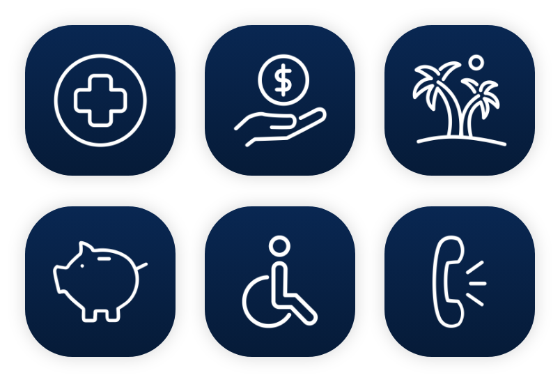 A collection of six icons representing various employee benefits