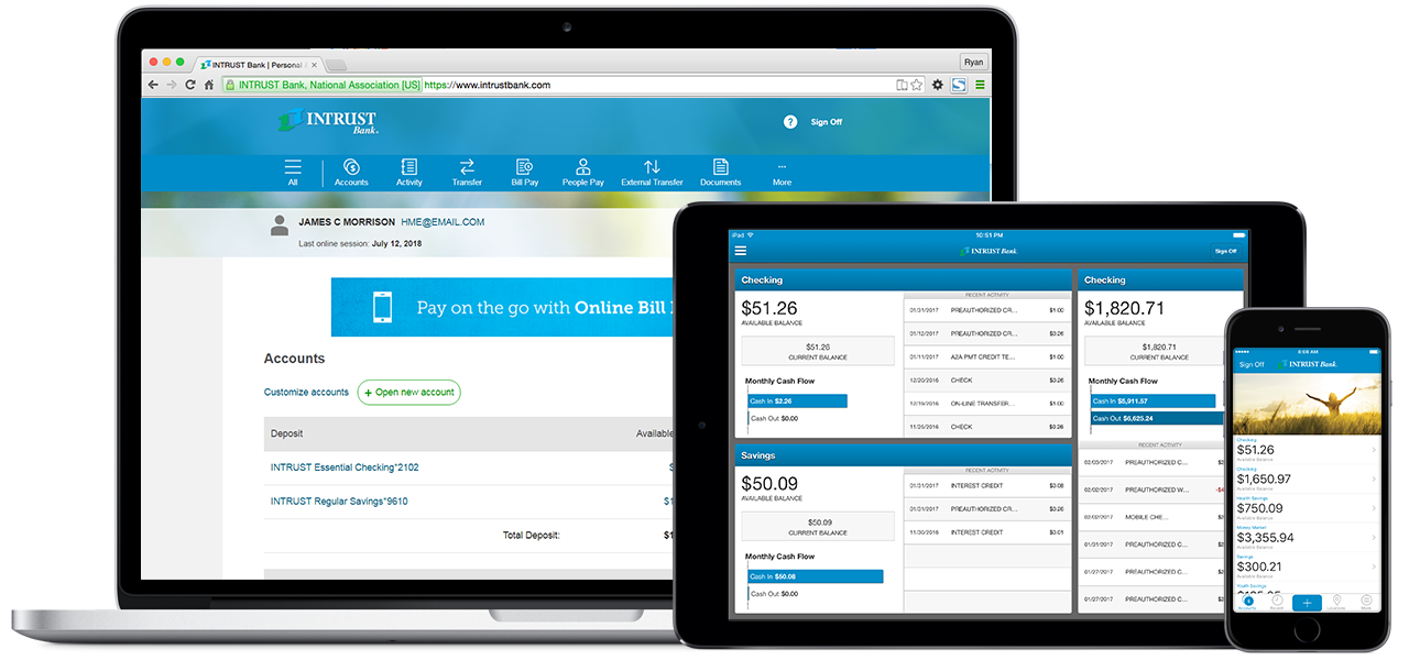online-and-mobile-banking-devices-v4 INTRUST Online Banking on a laptop, tablet, and mobile phone
