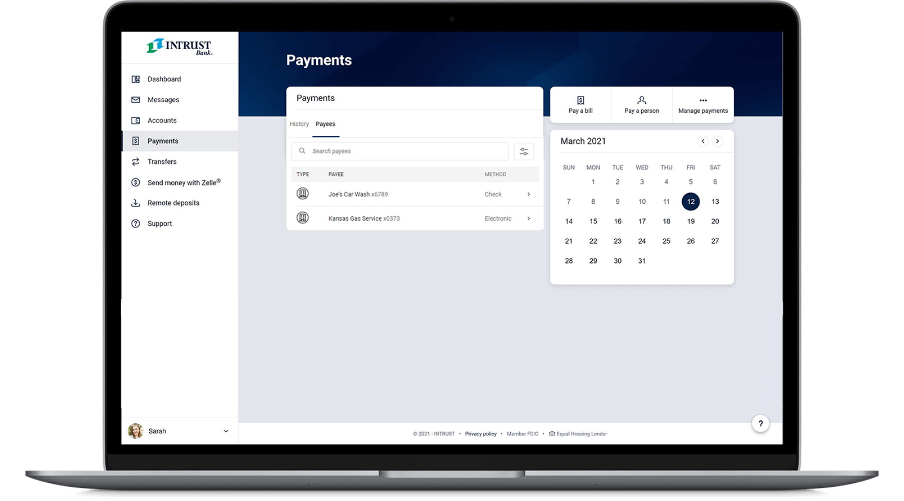 The Payments screen of INTRUST Personal Online Banking presented on a laptop