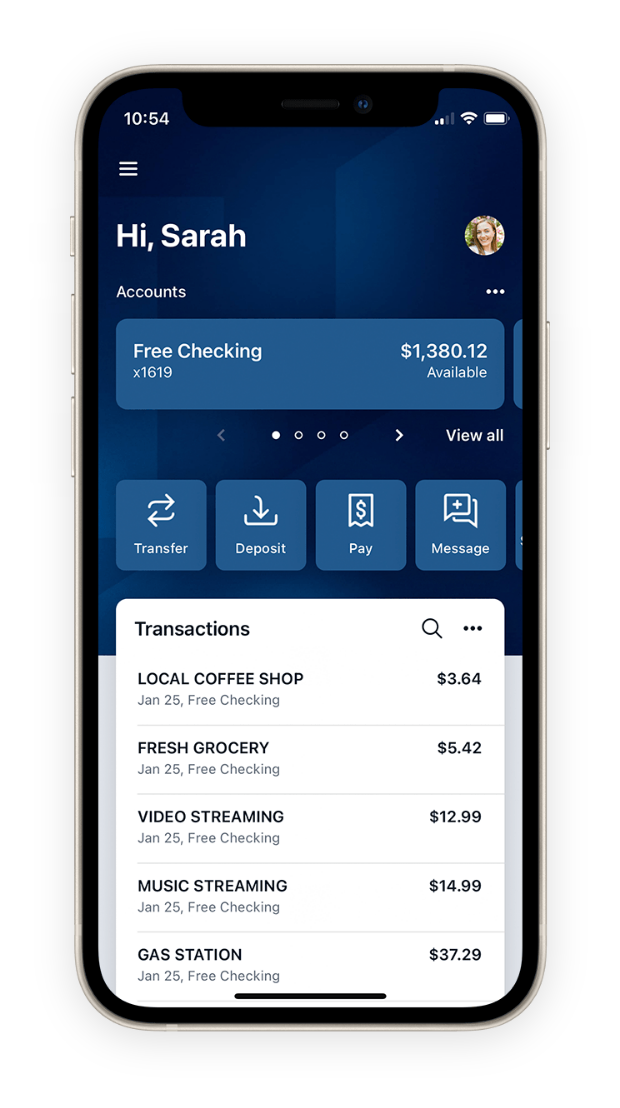 The INTRUST Bank app dashboard screen presented on an iPhone