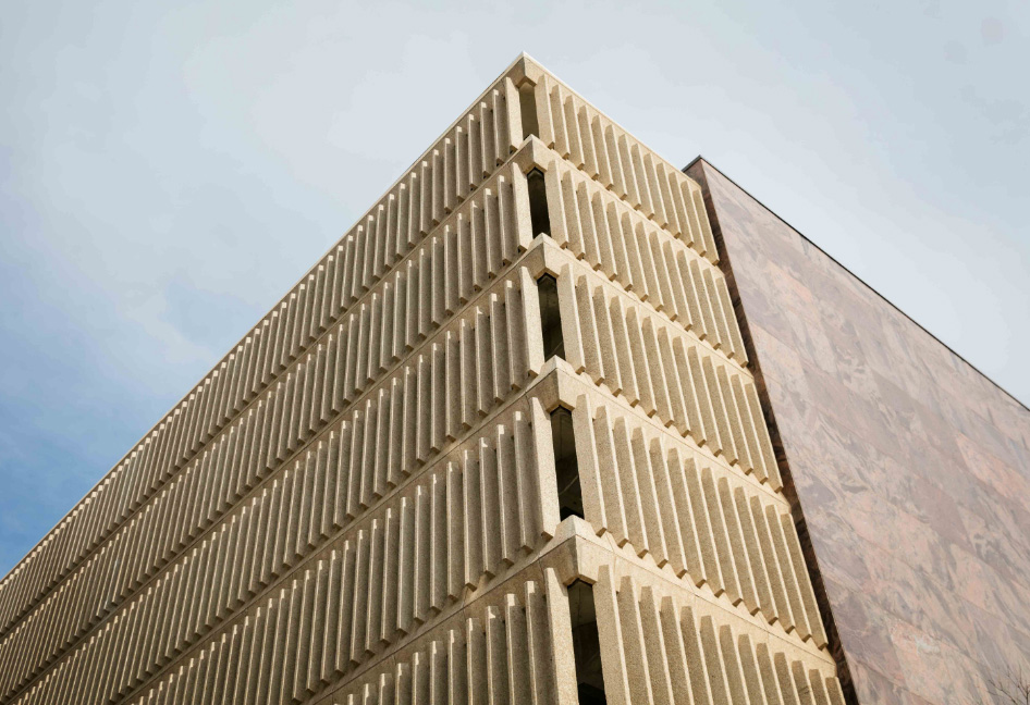 A ground view of the INTRUST main bank parking garage