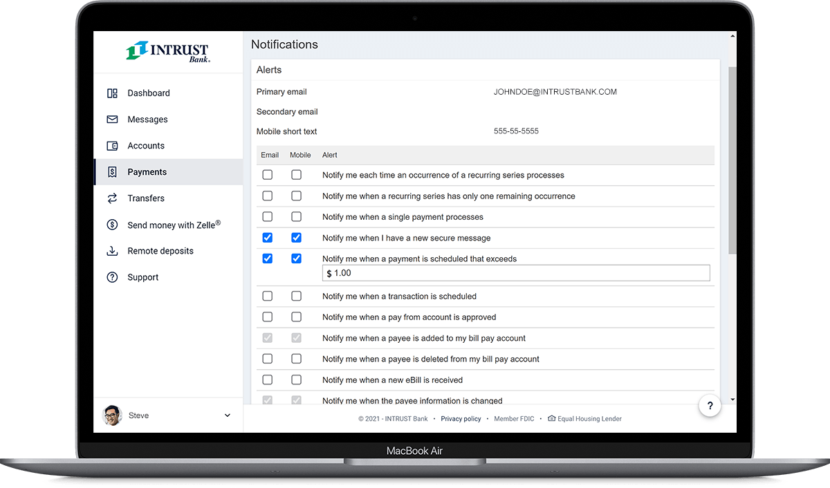 Screenshot of bill pay alert setup on a laptop.