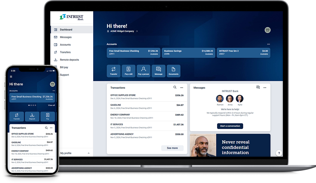 INTRUST Online and Mobile Banking for Business on a laptop and mobile phone