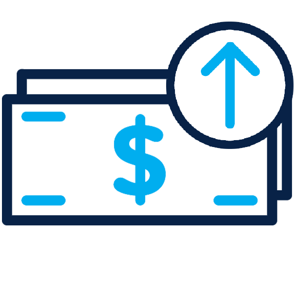 Outline of dollar bills with arrow pointing upwards in the corner