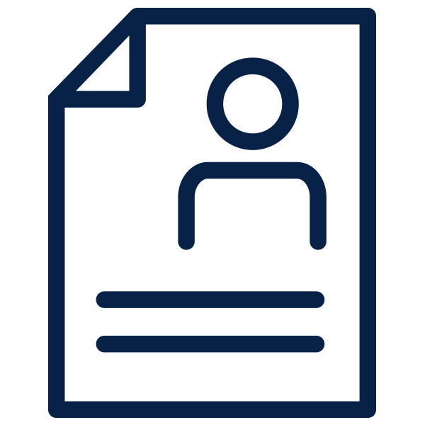 icon-profile_navy-600x600 Outline of a piece of paper with a person's profile on it